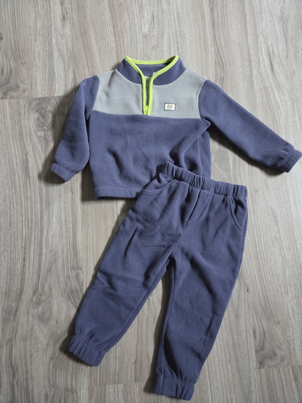 Kids Cozy Fleece Jogger Set in Navy and Gray with Lime Trim